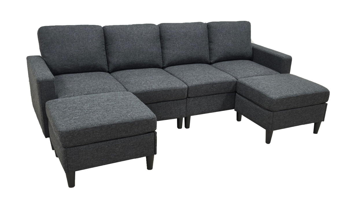 Tidyard Linen Upholstered Modular Sectional Sofa with 2 Ottomans, Grayish Black, Tall Legs, Easy Assembly, No Tools Required