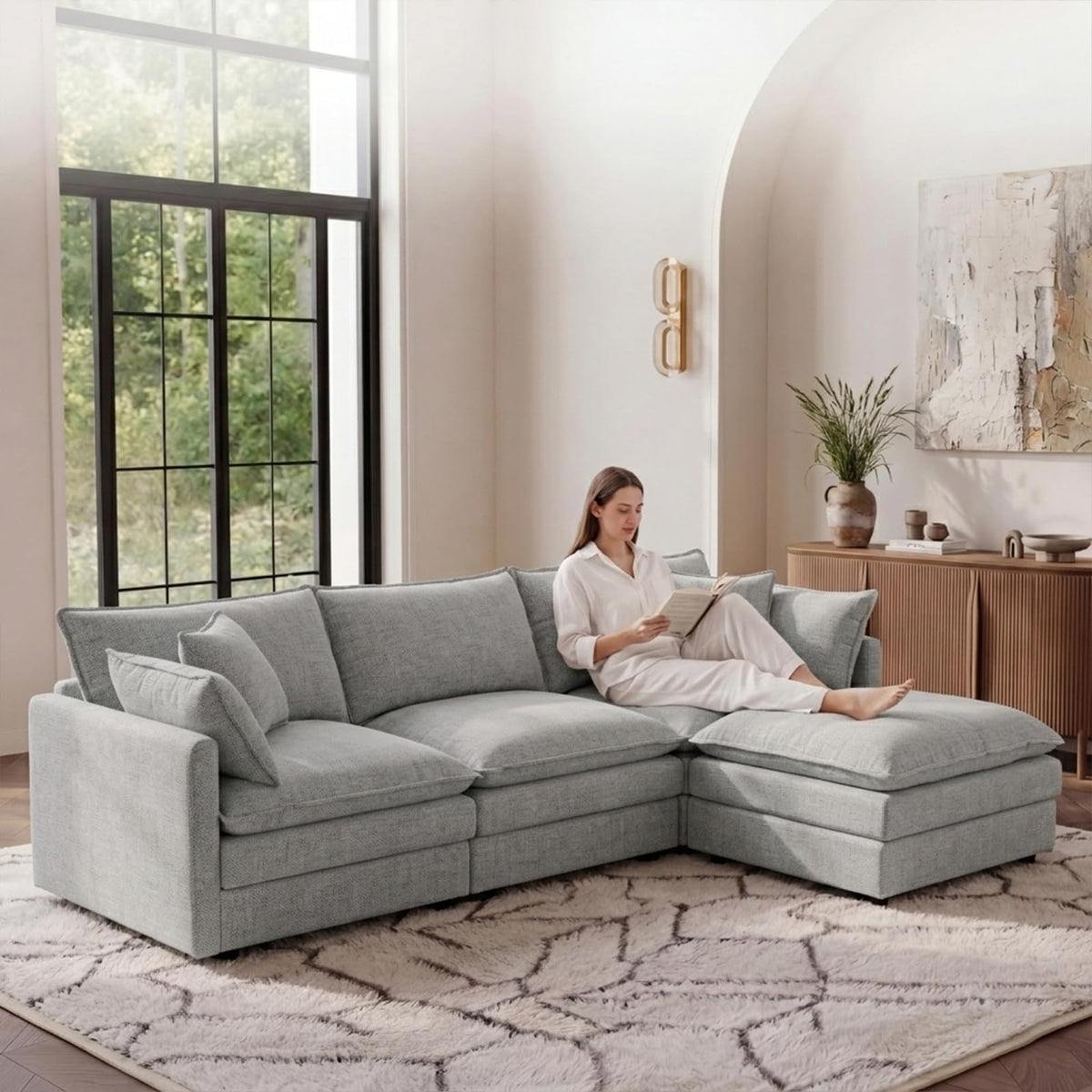 108" Cloud Sectional Sofa, L-Shape Modular Couch with Chaise & Ottoman, Corduroy Fabric, Oversized Deep Seat Sofa, Interchangeable Sections for Living Room or Offices