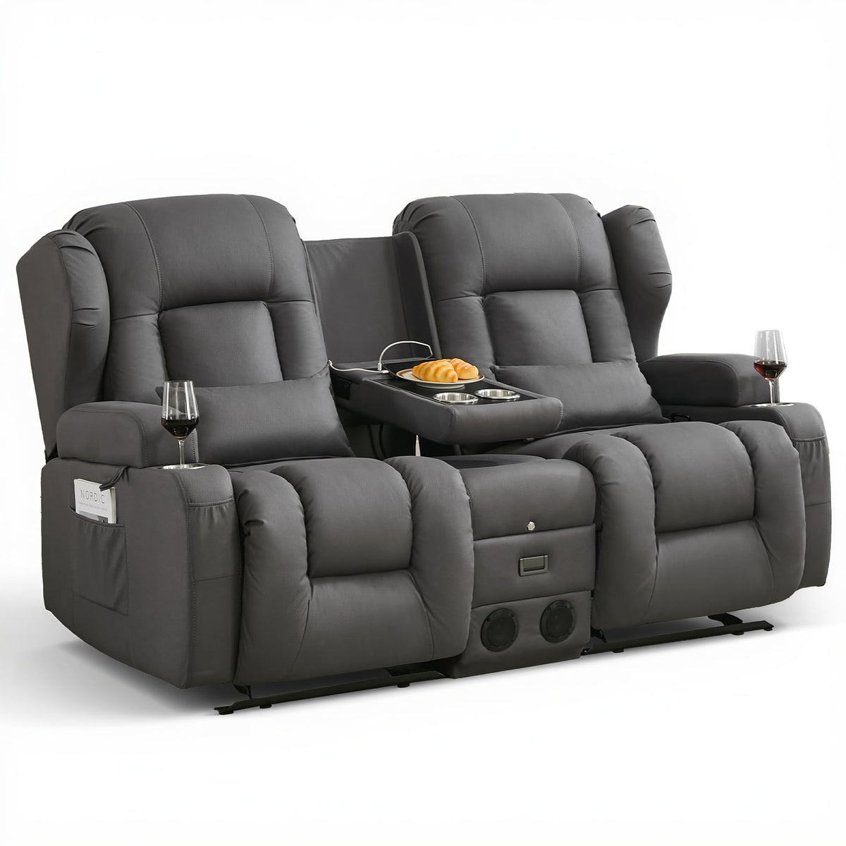 URRED Manual Loveseat Rocker Recliner Sofa with Console，Dark Gray