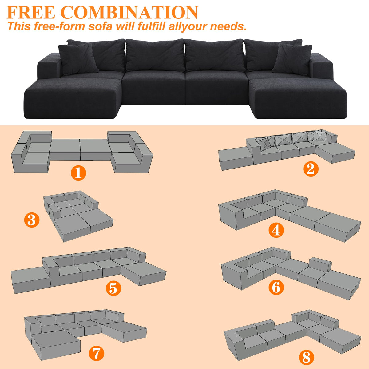 Tidyard Oversized Sponge Cloud L-Shaped Sectional Sofa Set with 6 Pillows, Modern Chenille Upholstered Modular Couch for Living Room or Bedroom, No Assembly Required, Free Combination Design, 16?