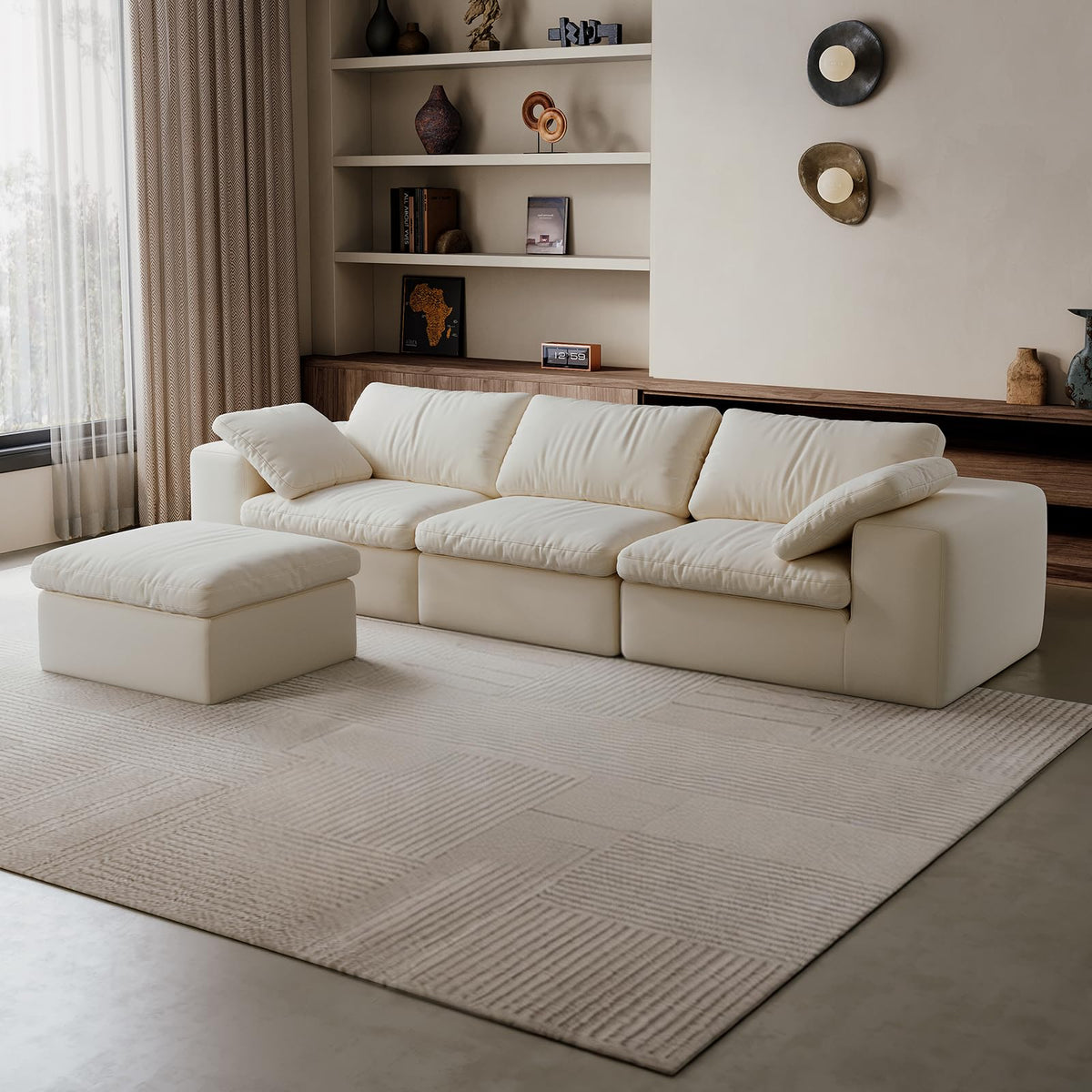118'' Modular Cloud Couch, 3-Seater Boneless Sectional Sofa with 2 Ottoman