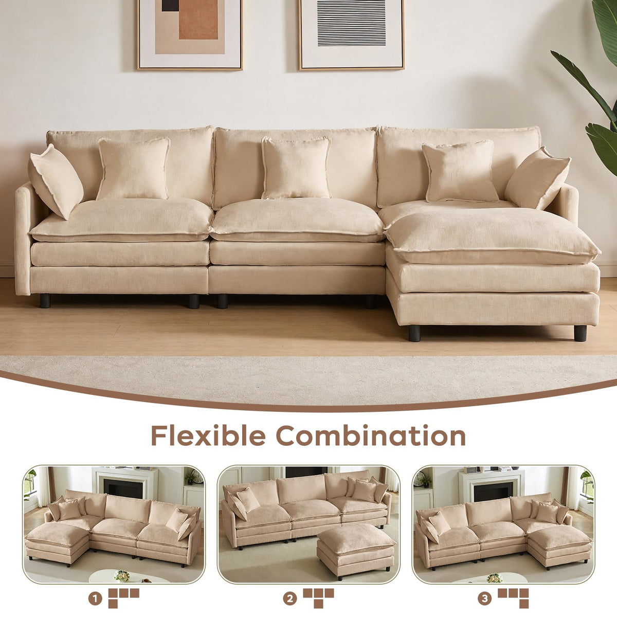 110"L Shaped Modular Sectional Sofa Coffee Cloud Couch with Movable Ottoman
