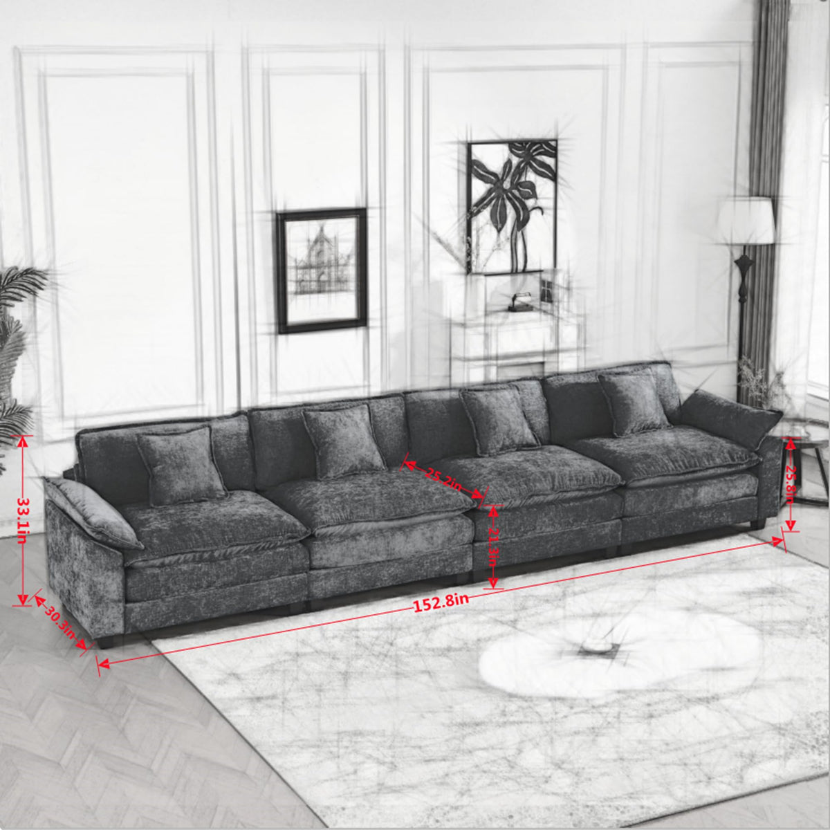 Wider Armrest 3 Seats (Ottoman is not Included), Sectional Couch, for Living Room Bedroom and Apartment, Comfy Double Layer Upholstered Seat Cushion, Breathable Chenille Fabric,Black,SW5044BK GE681