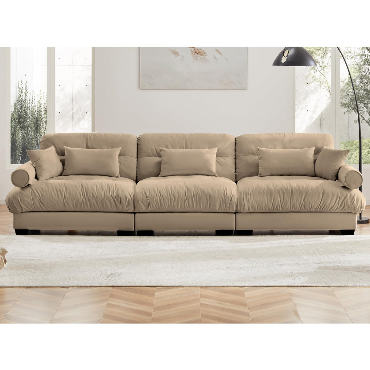 130" Vintage Velvet Oversized Sofa Couch, Pottery Barn Sofa with Cloud-Like Seat, Oversized Modular Sofa Waist Pillows for Living Room, Camel