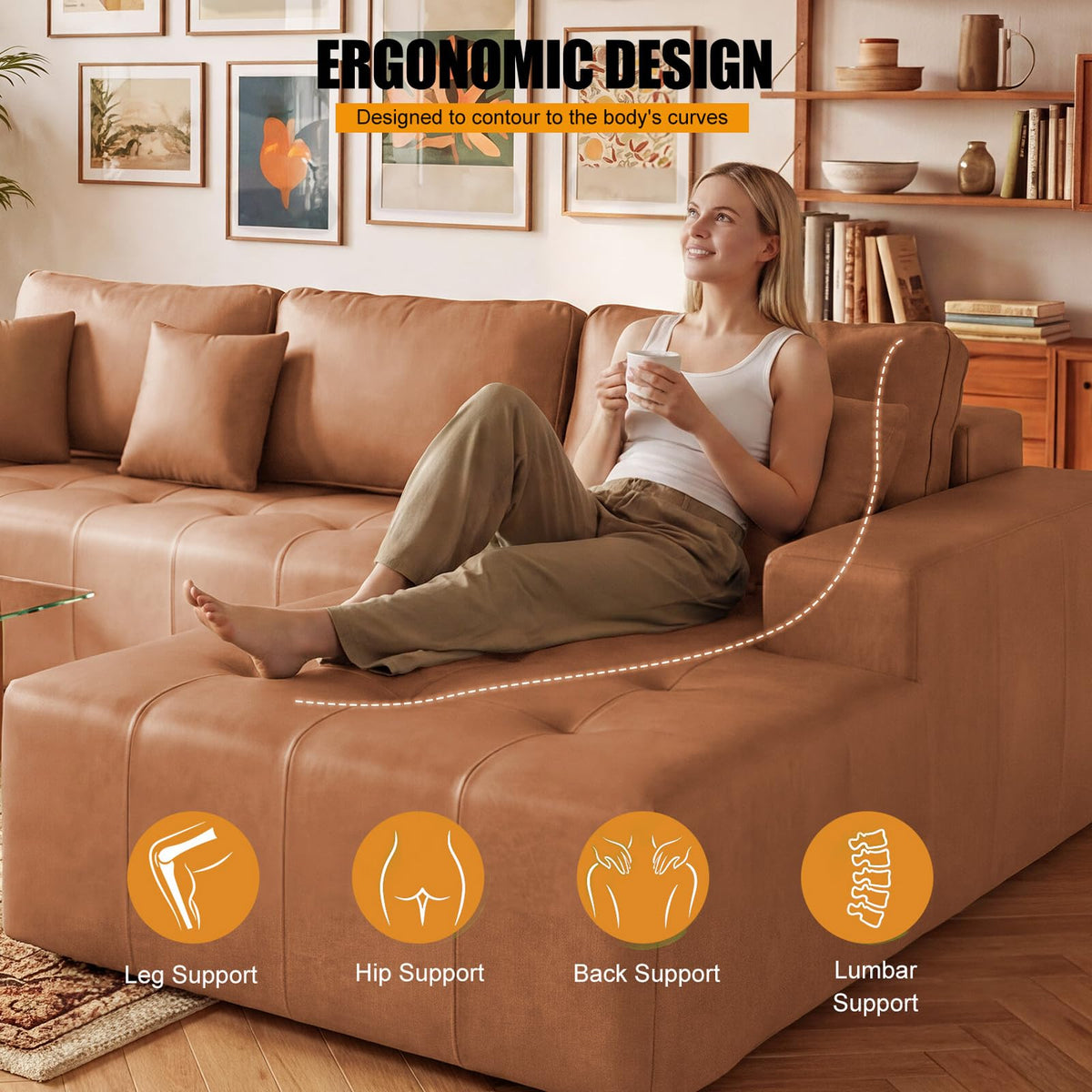 108" L-Shaped Modular Boneless Couch for Living Room,Faux Leather Sofa Bed