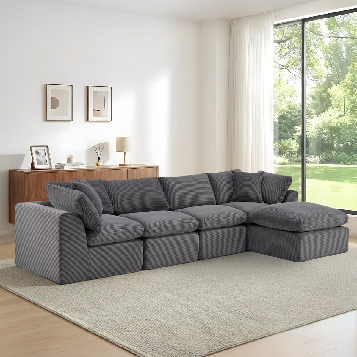 110" Beige Boneless Sectional Couch with Ottoman