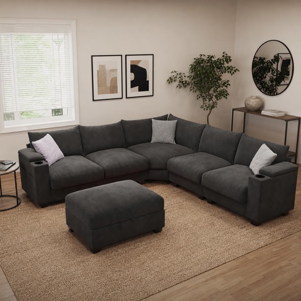 107.1" L-Shaped Modular Sectional Sofa with Storage Ottomans, 6-Seat Deep Seat Sofa with Armrest Storage, Cup Holders & USB Type-C Charging, Sectional Couches for Living Room (Grey)