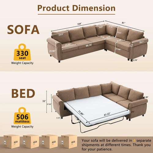 104'' Pull Out Couch, Convertible Sleeper Sofa Bed Queen, Upholstered Sectional Sofa with Mattress, 6-Seater L-Shaped Couch, Modern Sectional Couches for Living Room, Apartment, Studio,Brown