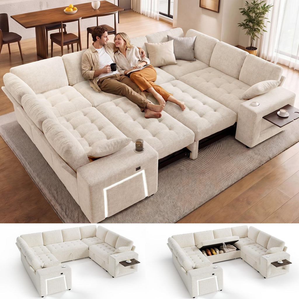 Vipbear 111" Sofa Bed, 7 Seat Modular Sectional Sleeper Sofa with Pull Out Bed, Chenille L Shaped Couch with Storage Ottoman|Cup Holders|Side Table|LED Light|USB Ports, Easy Assembly, Green