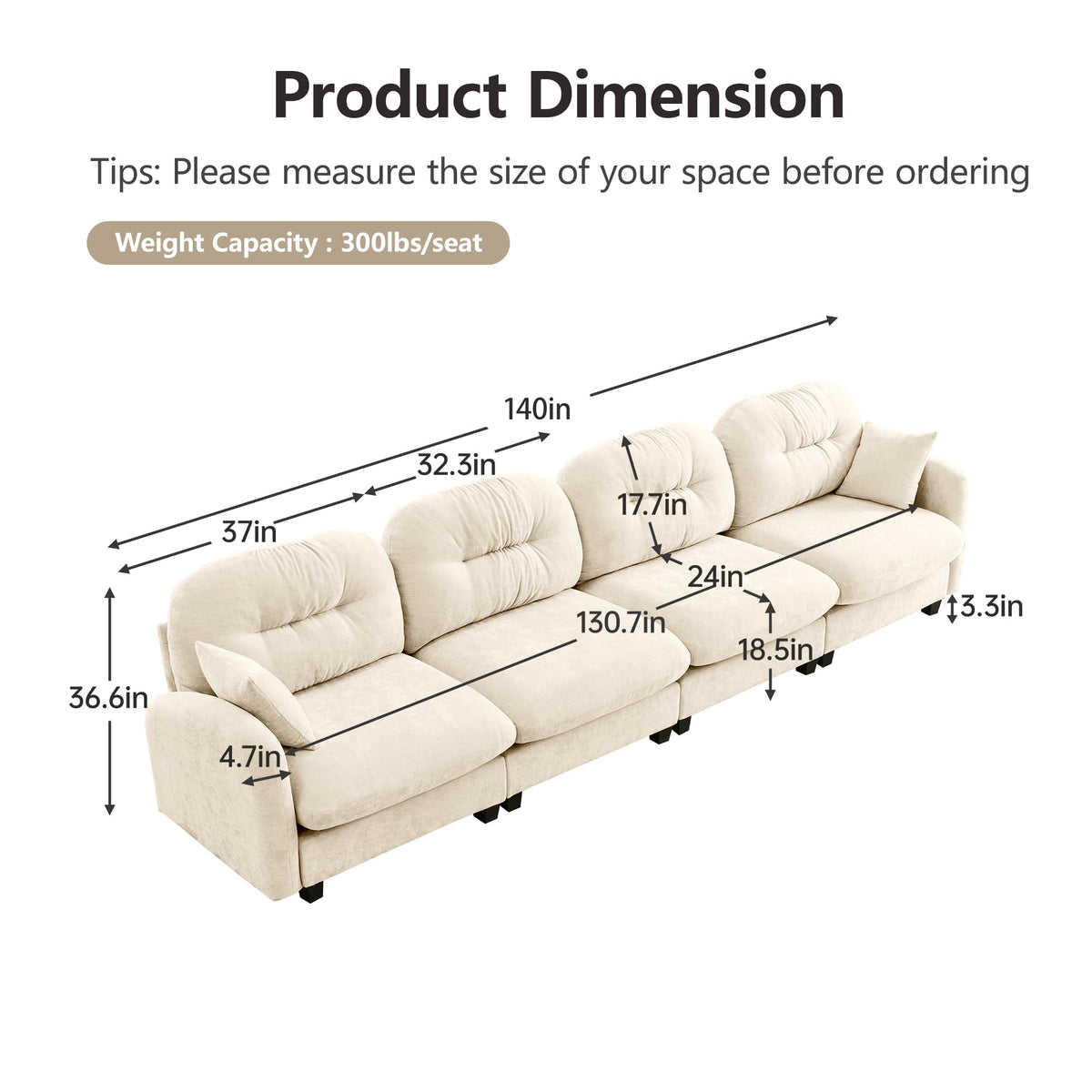 Tidyard Four-Seater Modular Sectional Couch in Beige, Premium Chenille Fabric with Tufted Backrest, Includes 2 Throw Pillows, Easy Assembly for Living Room, Bedroom or Reading Nook