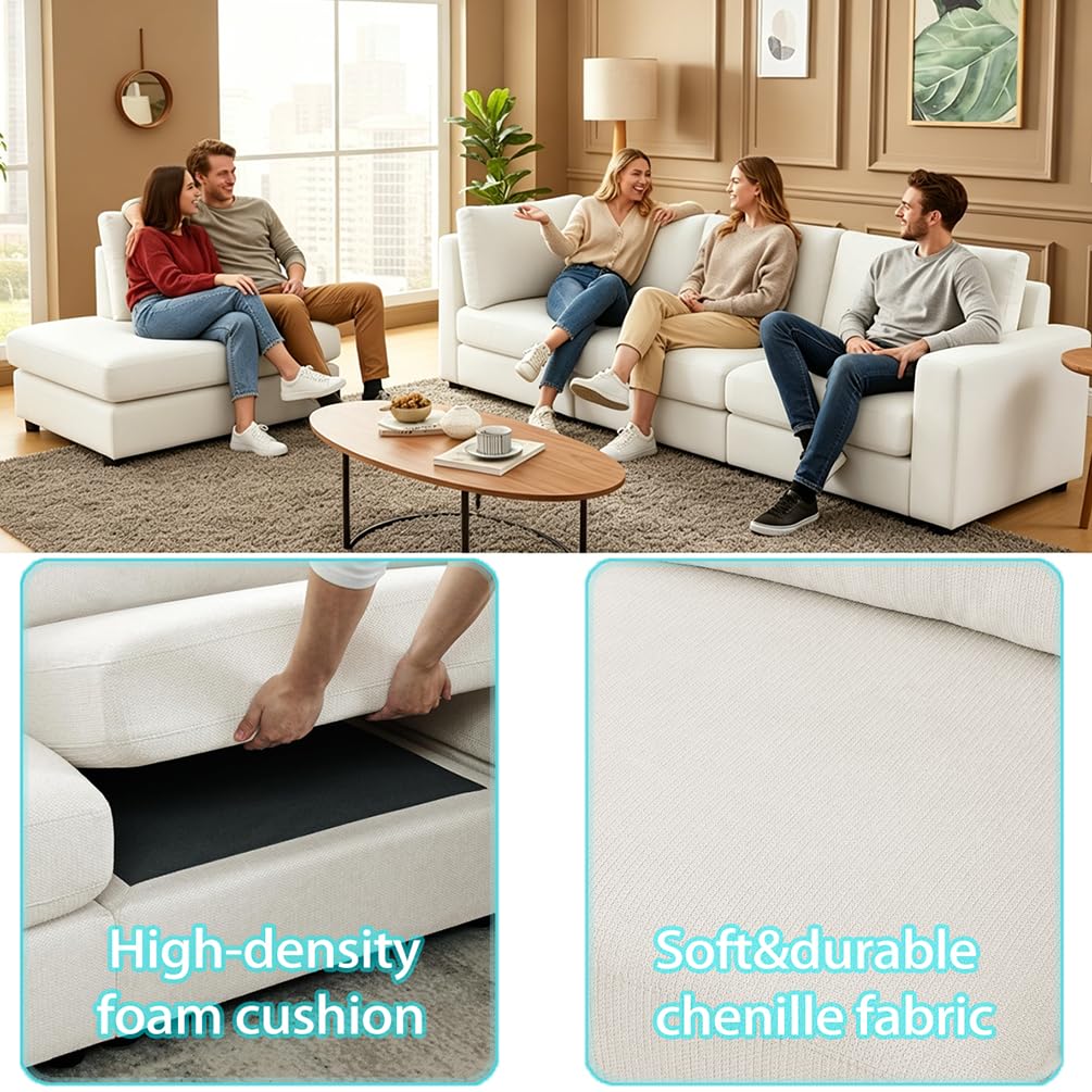 100" Modular Sectional Sofa with Reversible Chaise, Comfy L-Shaped Couch with Deep Seat, Modern Chenille 4-Seater Sectional Couches for Living Room, Apartment, Beige