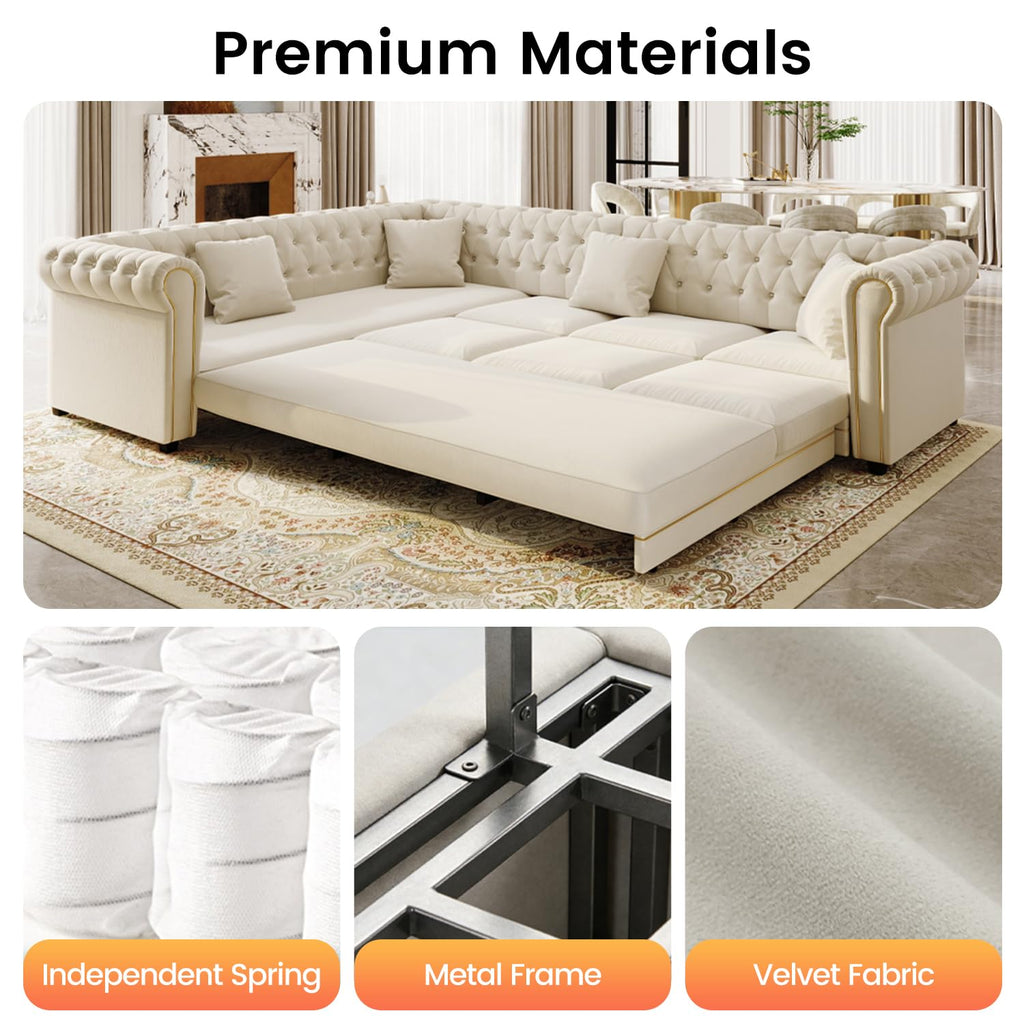 115.3" L-shaped Couch with Pull Out Sofa Bed, Velvet Couch Gold Trim, Beige