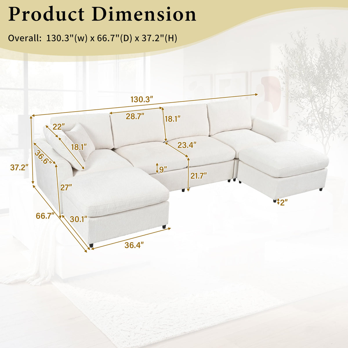 Virubi 130.3" 6-Seater Modular Sectional Sofa, Chenille Upholstered Couch with Solid Wood Frame, 2 Movable Ottomans, Includes 1 Throw Pillow, Deep Seat Modern Sofa Set for Living Room and Apartment