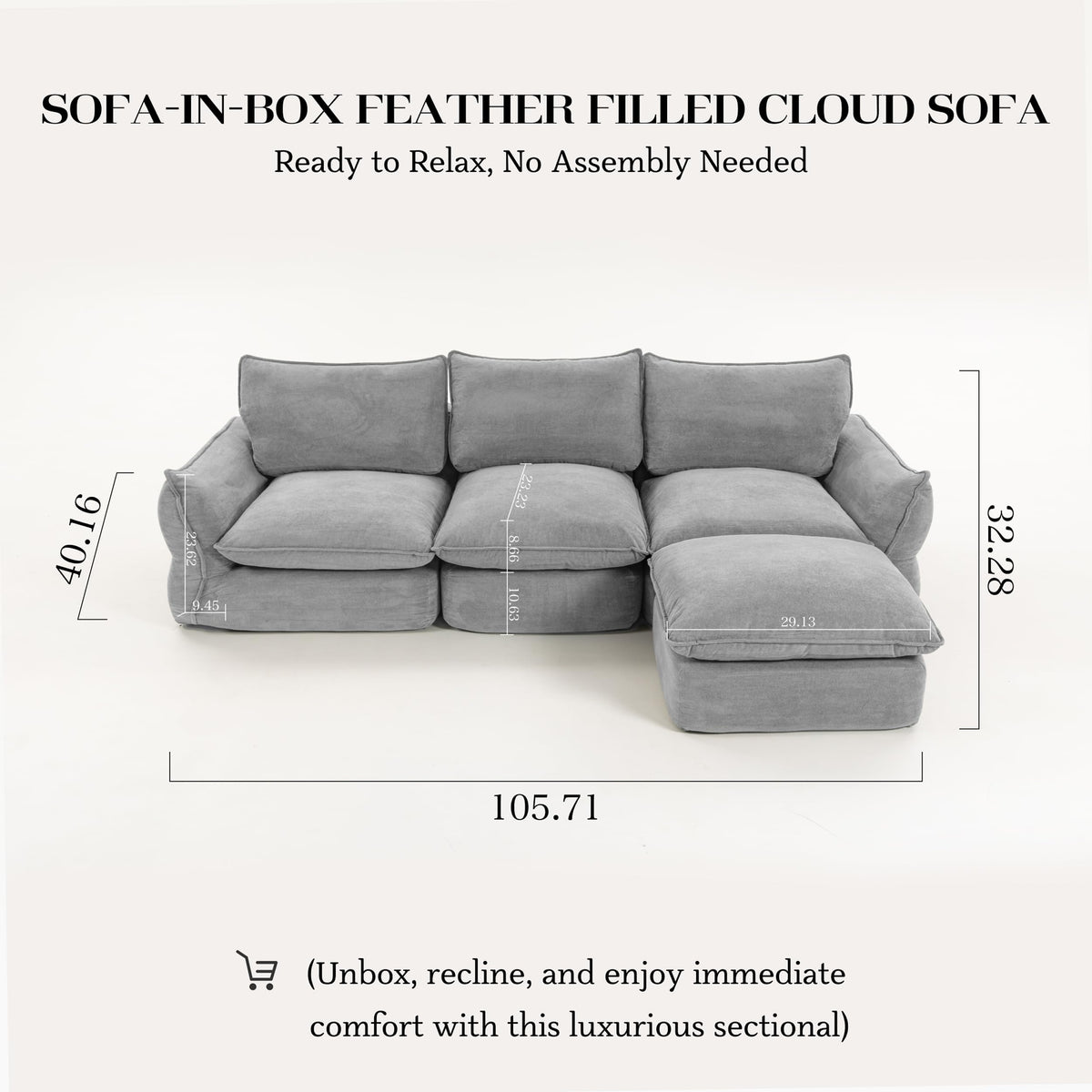 106'' Down Blend L-Shaped Sectional Sofa, Deep Seat Feather-Filled Cushions, Oversized Cloud Couch with Sink-in Comfort, Modern Living Room Sofa – Pebble Gray