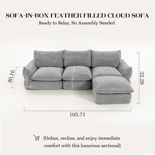 106'' Down Blend L-Shaped Sectional Sofa, Deep Seat Feather-Filled Cushions, Oversized Cloud Couch with Sink-in Comfort, Modern Living Room Sofa – Pebble Gray