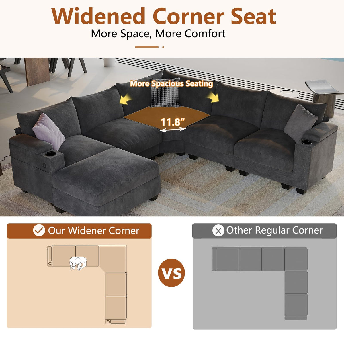 107.1" L-Shaped Modular Sectional Sofa with Storage Ottomans, 6-Seat Deep Seat Sofa with Armrest Storage, Cup Holders & USB Type-C Charging, Sectional Couches for Living Room (Grey)