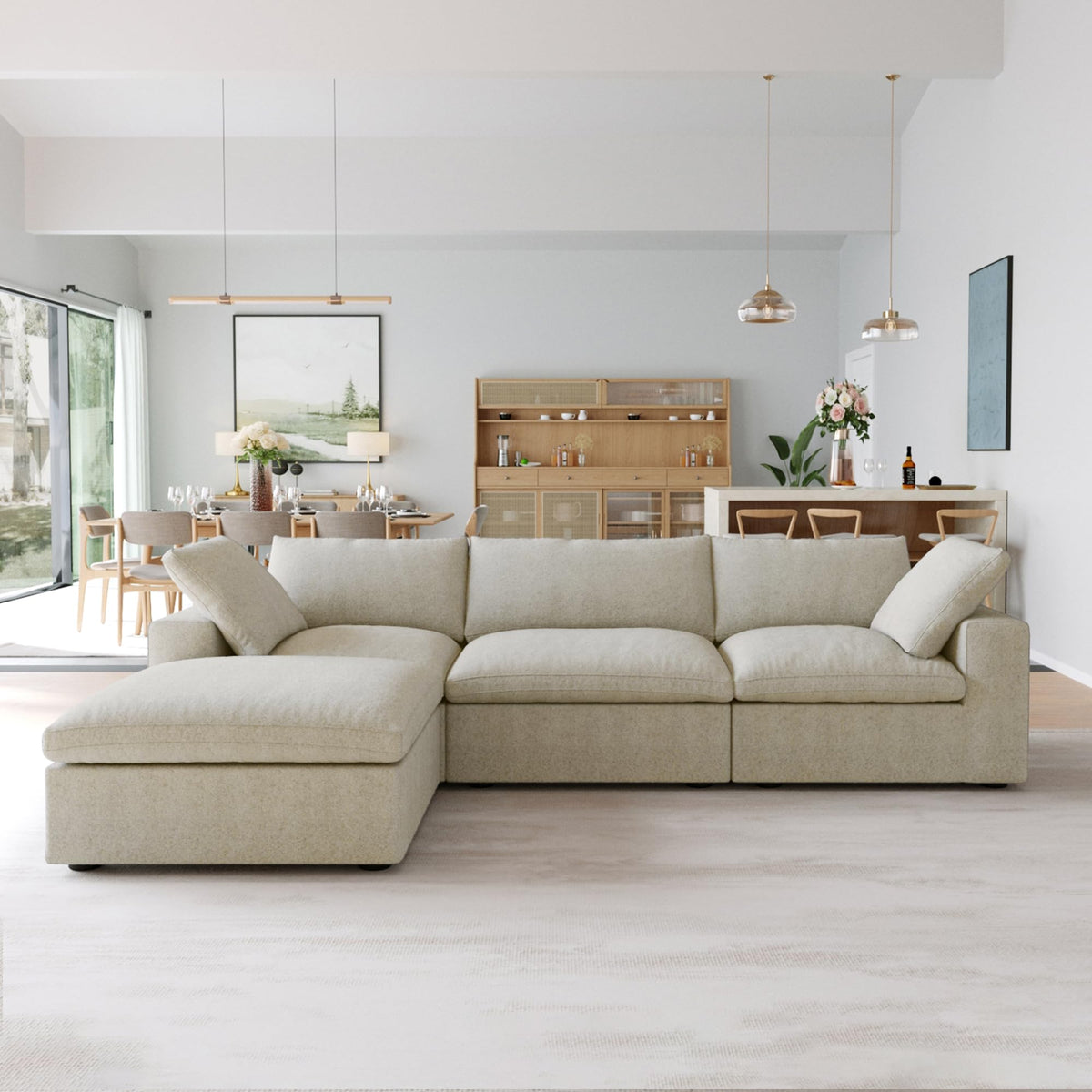 118" Modular Sectional Sofa, L Shaped Sectional Couch with Storage Ottoman, Deep Seat Linen Blend Sofa with Removable Covers for Living Room Apartment, Khaki