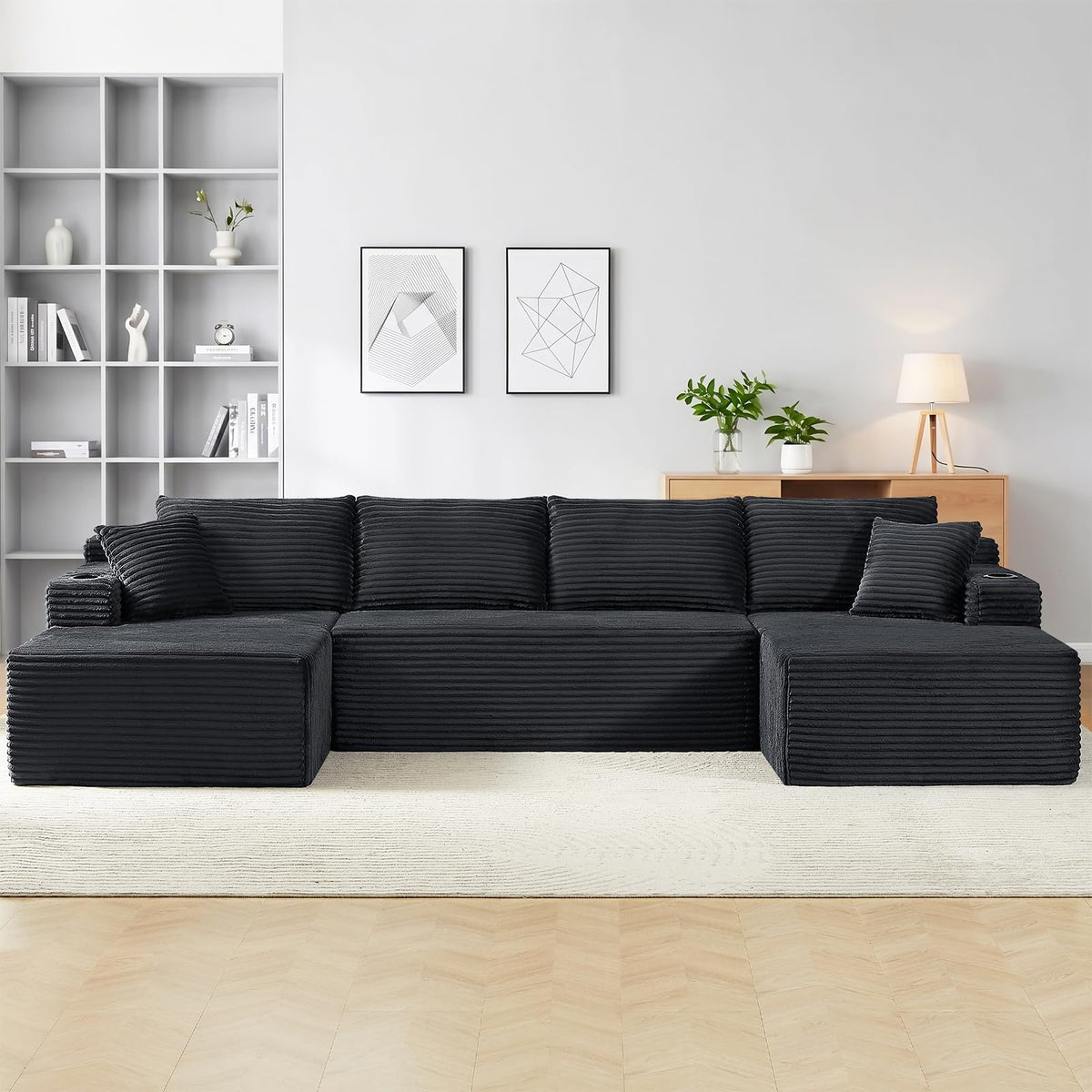 134" Modular Sectional Sofa Couch, Oversized U Shaped Boneless Couches with Side Pockets & Cup Holders, 4-Seater Modern Deep Seat Corduroy Sofa for Living Room, No Assembly, Black