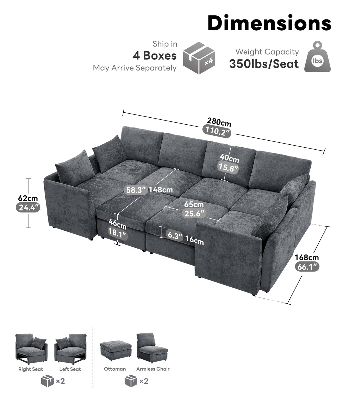 Tbfit Modular Sectional Couch 8 Seat, Cloud Sofa for Living Room, Chenille Sofa Set with Ottoman, Grey