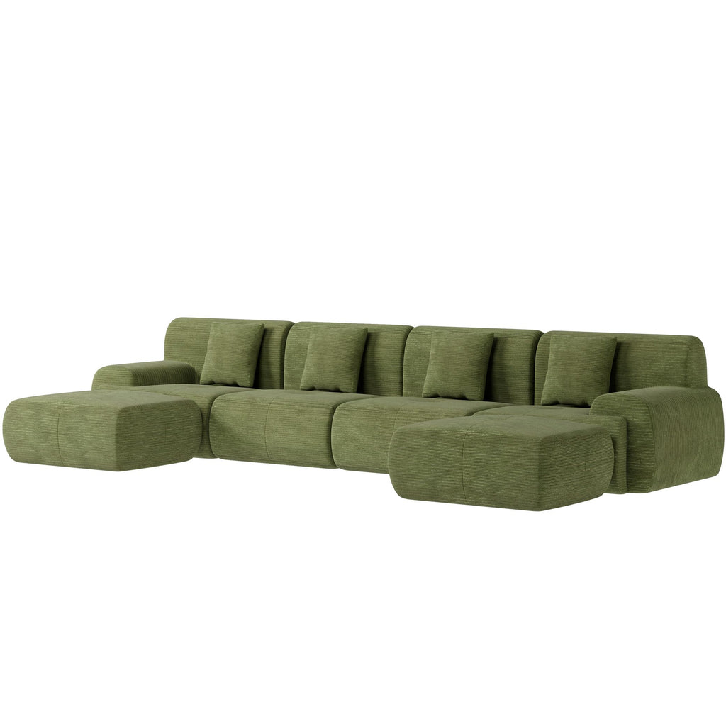 U Shaped Sectional Couch, Modular Cloud Couch Sofa, Boneless Sectional Sofa with Corduroy Fabric, Large Couches for Living Room,Green
