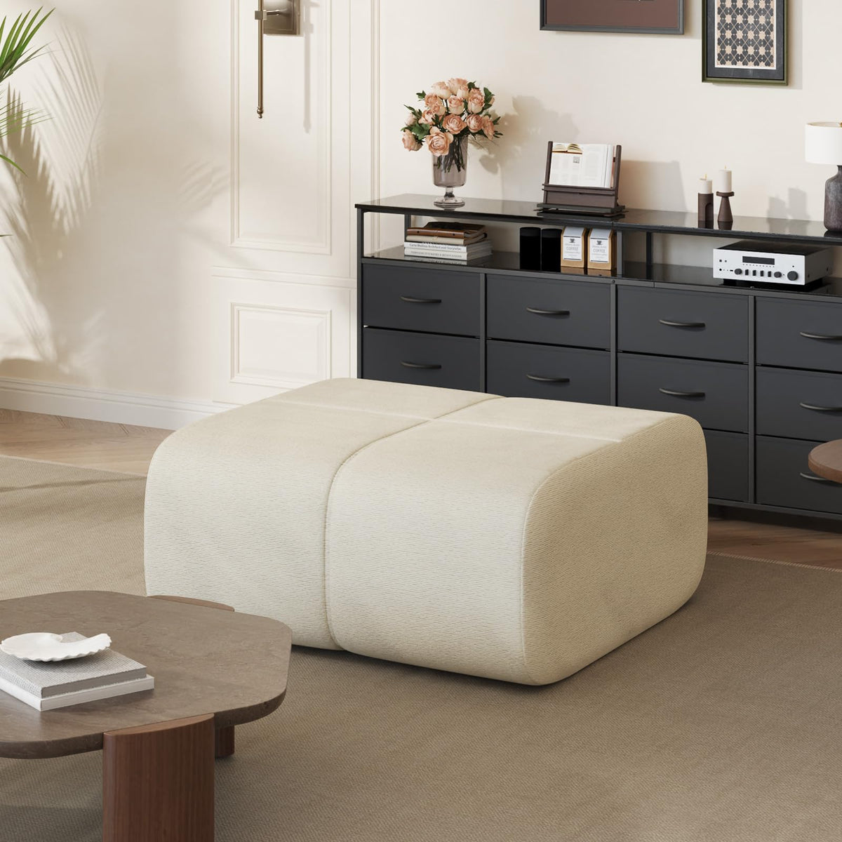 114" L Shaped Cloud-Loaf Modular Sectional Sofa, Extra Deep Seat Upholstery Cloud Couch with Ottoman, Boneless Memory Foam Couches for Living Room, Chenille Corduroy - Cream White
