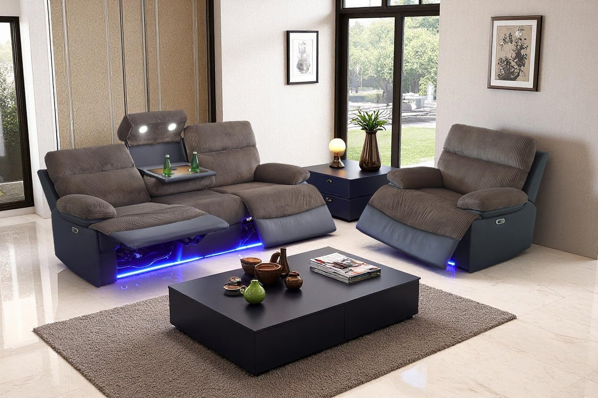 A Ainehome Power Leather Recliner Sofa Set with LED Lights, Recliner Sofa Sectional Couches for Living Room, Reclining Sofa, loveseat, Chair with USB Port/Storage Console/Cup Holder(black,3-piece set)