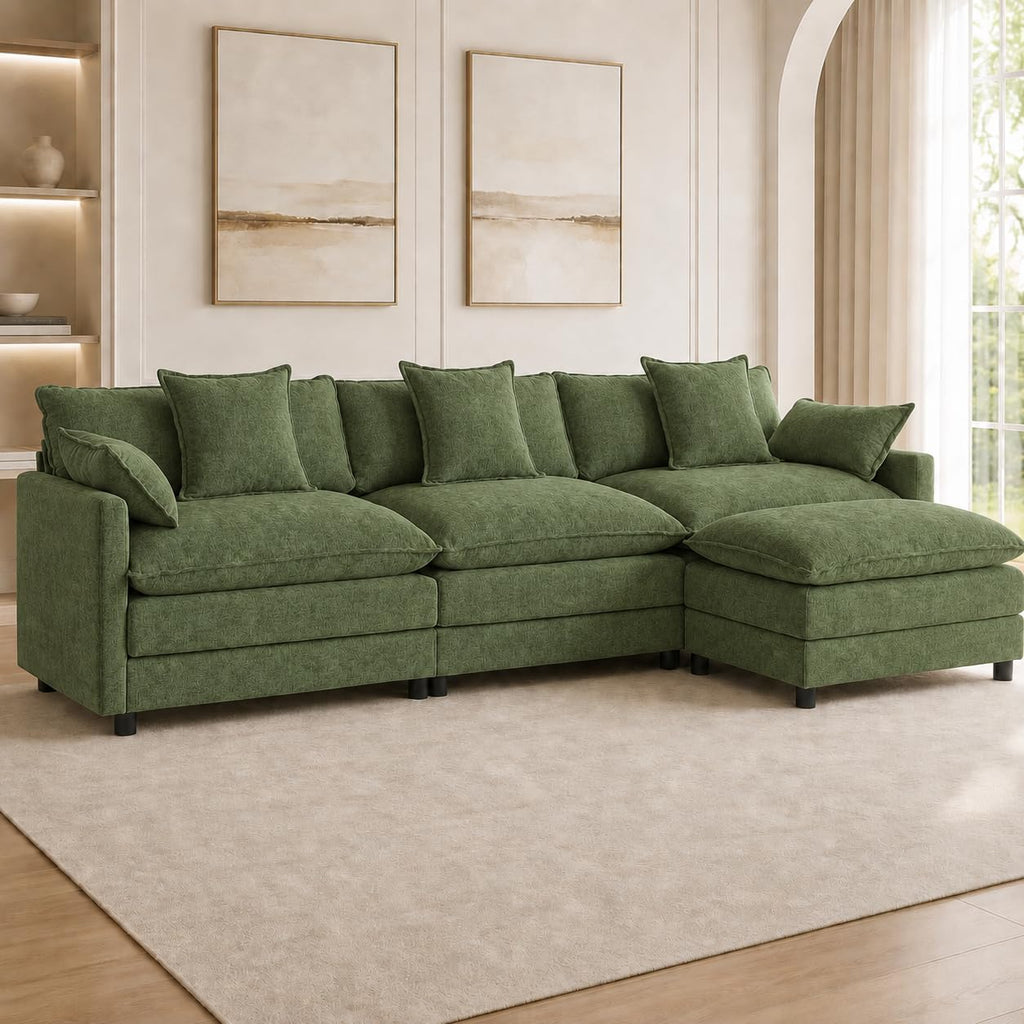 108" Modular Sectional Sofa with Ottoman, Chenille, Green