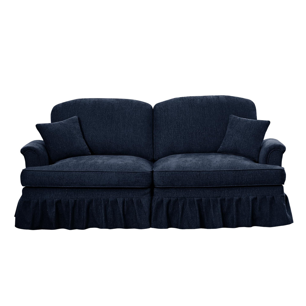 Tidyard Elegant Mid-Century Two-Seater Sofa with Flared Arms, Removable Ruffles, Spindle Legs & Chenille Fabric, Comfy Living Room Couch, Blue