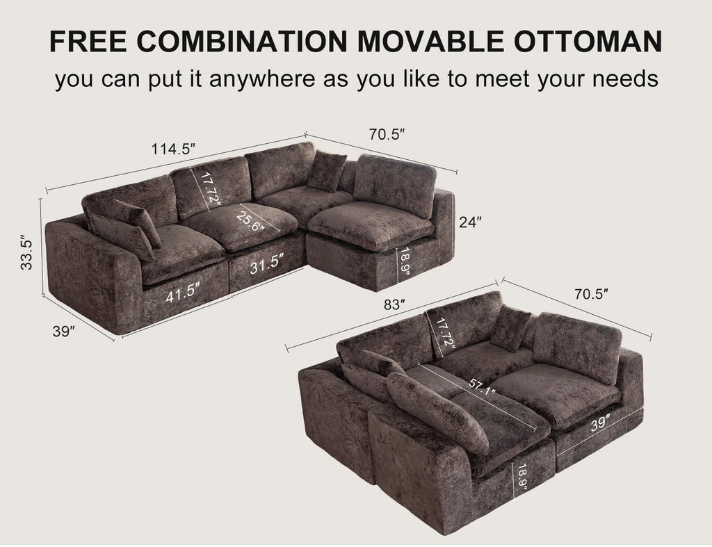 115" Cloud Sectional Couch, Boneless Couches for Living Room