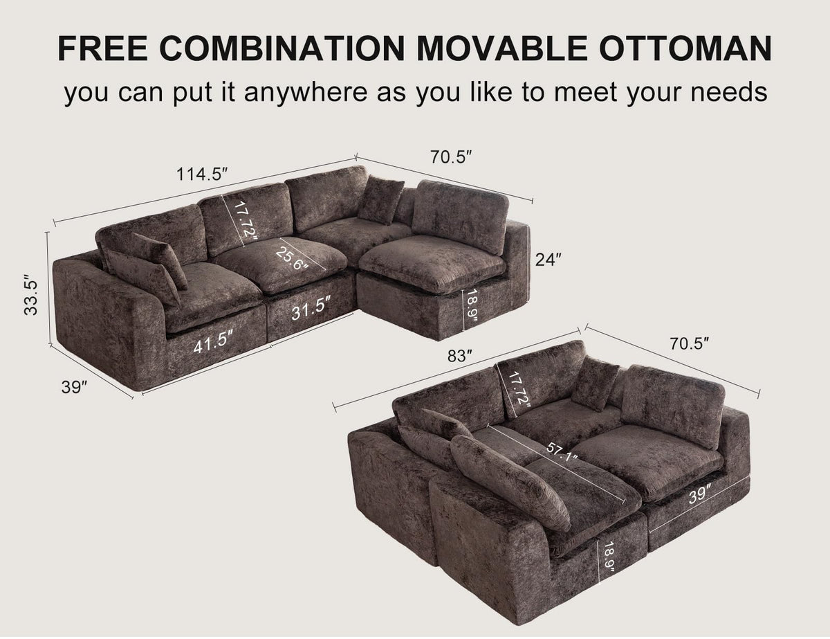115" Cloud Sectional Couch, Boneless Couches for Living Room