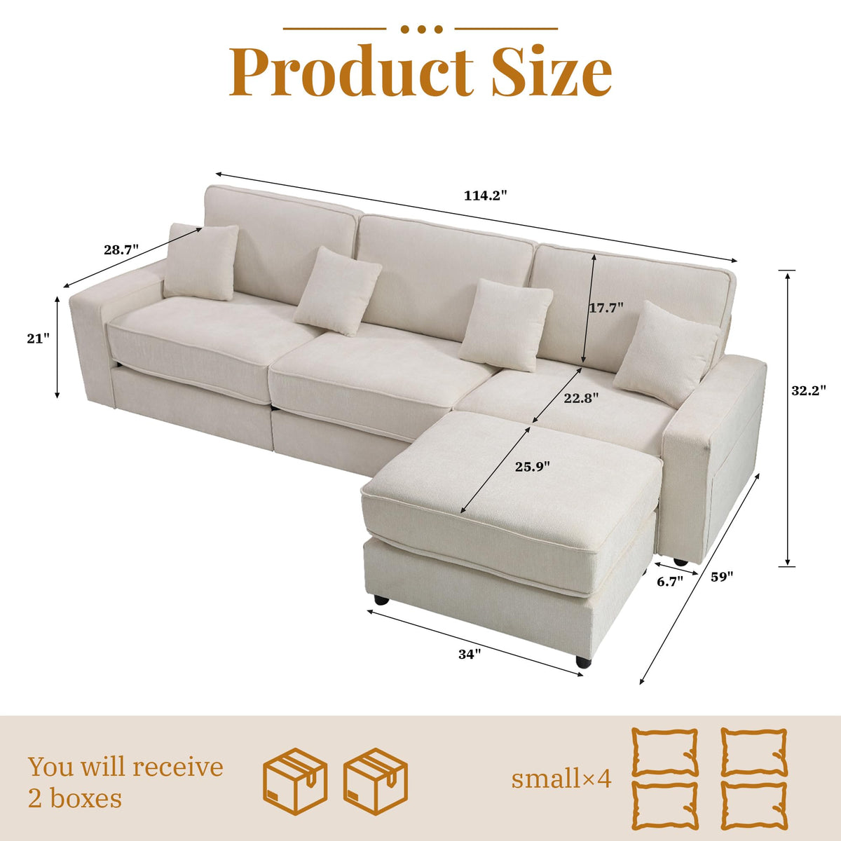 Vipbear 114" Modular Sectional L Shaped Sofa Couches,for Living Room,Oversized Cloud Couch with Movable Ottoman,Comfy Chenille Sofa with Pillow,Side Pockets,Bedroom,Apartment,Beige