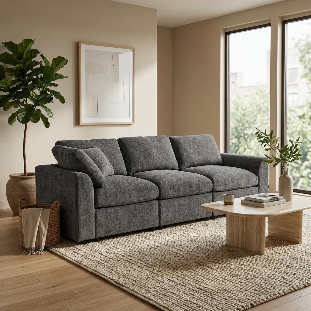 U-Style 101.57" Modern 3-Seater Sofa, Chenille Upholstered Couch with Solid
