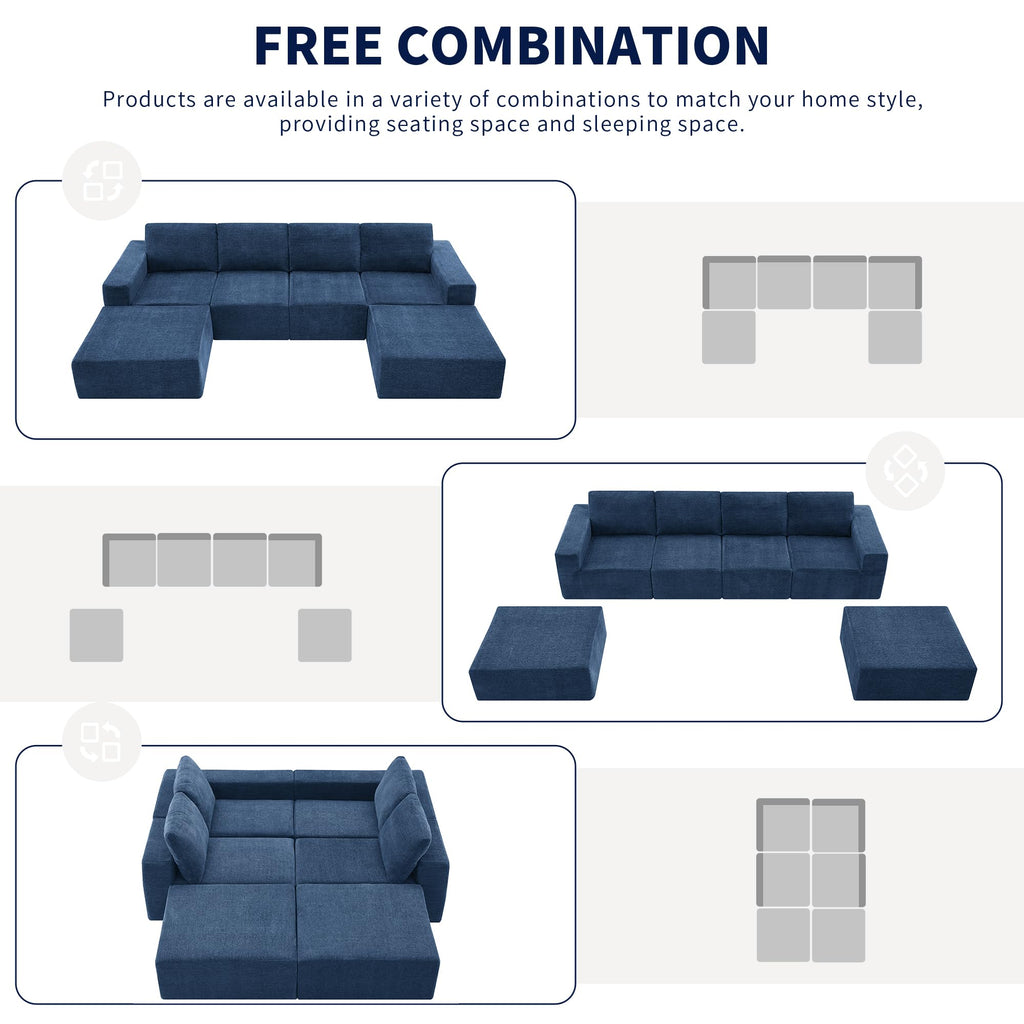 110" Cloud Chenille Deep Seat Chaise Lounge Indoo, Modular Sectional Sofa with Spring Pack Support, Modern Boneless Compressed Floor Sectional Sofa with U-Shaped for Living Room, Navy