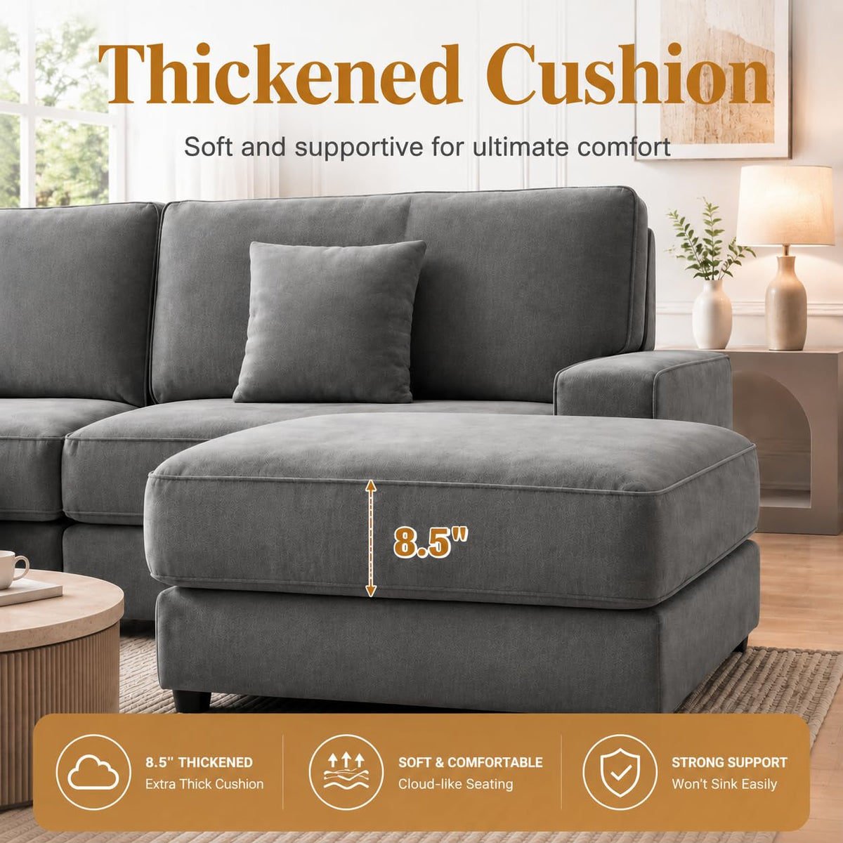 Vipbear 114" Modular Sectional L Shaped Sofa Couches,for Living Room,Oversized Cloud Couch with Movable Ottoman,Comfy Chenille Sofa with Pillow,Side Pockets,Bedroom,Apartment,Dark Gray