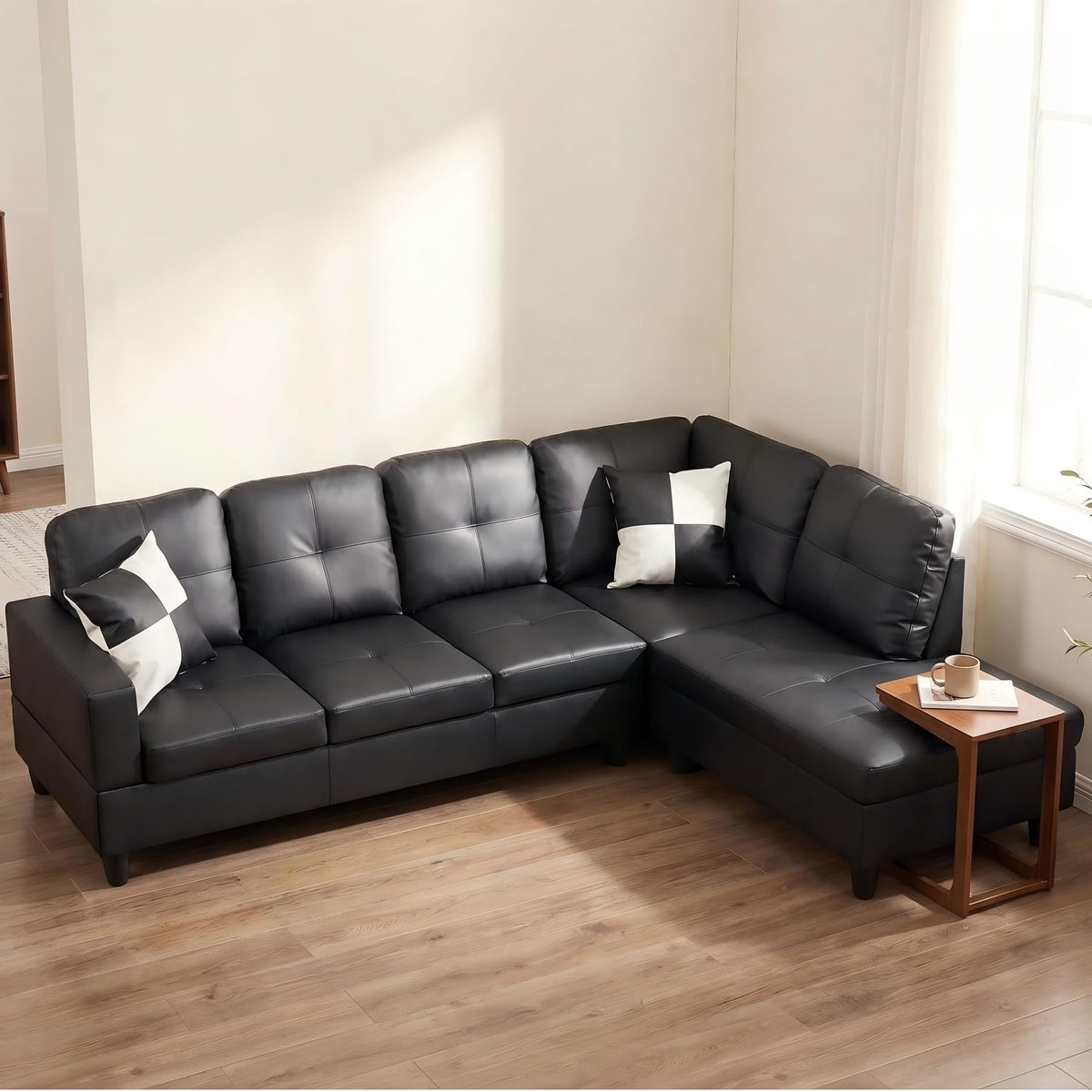 103.5" Sectional Couch with Movable Ottoman, L Shaped 4 Seater PU Faux Leather Sofa w/Chaise Lounge, Comfy Modern Modular Couch for Living Room, Apartment, White Stripes, Right, 3PCS