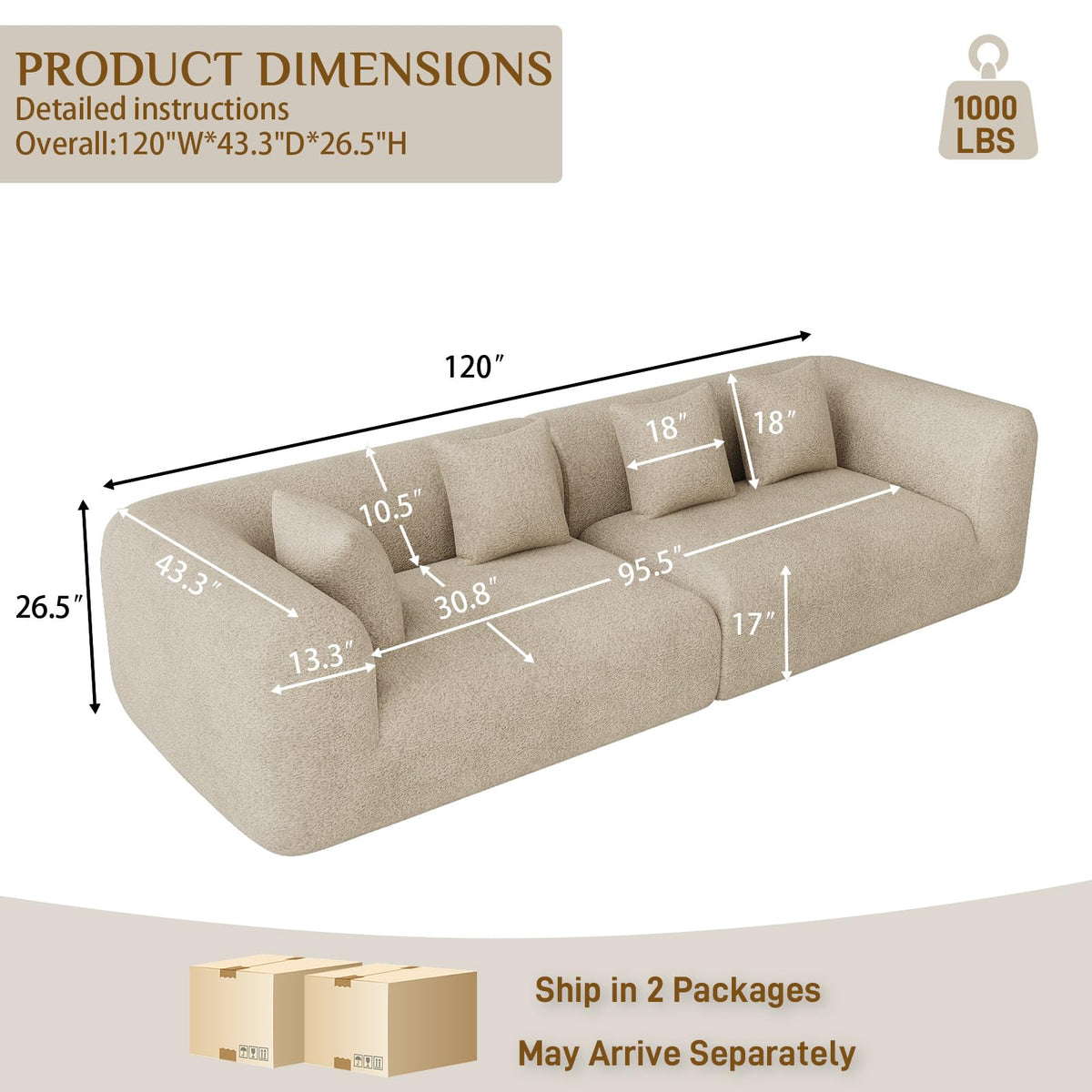 120" Oversized Sectional Couches for Living Room, Comfy Plush Boneless Modular Sectional Sofa, Modern Modular Couch Chenille Cloud Couch Sectionals, 4 Seater, No Assembly Needed, Light Brown