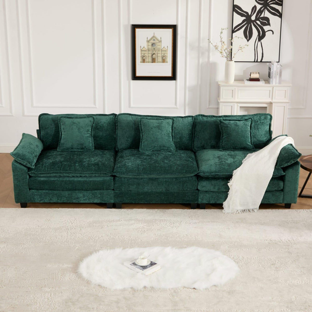 Wider Armrest 3 Seats Modern Sectional Couch Chenille Green Cloud Comfort Living Room Bedroom Apartment Comfortable Modular Sofa