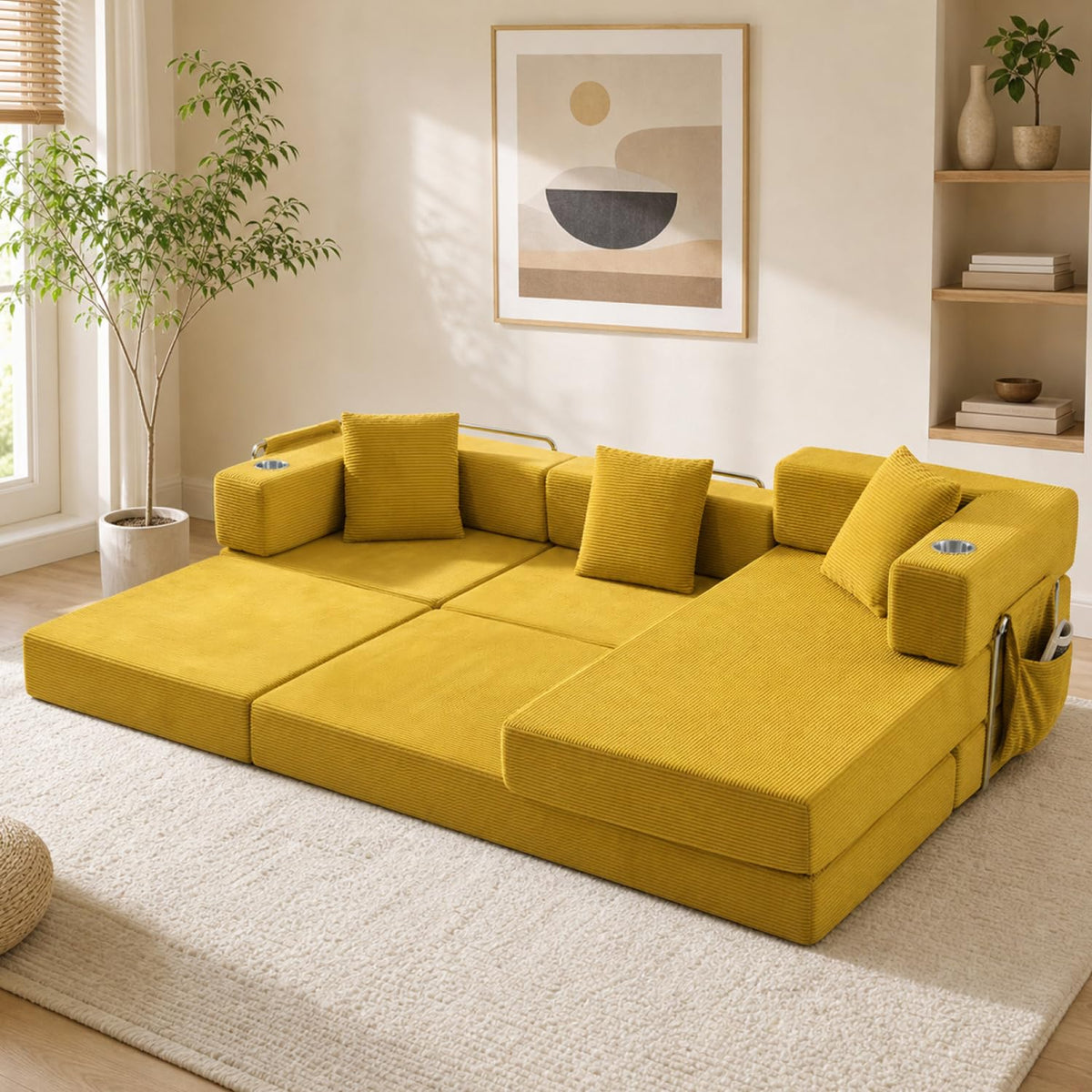 108" Modular Sectional Sofa Bed, L-Shaped Boneless Couch, Yellow