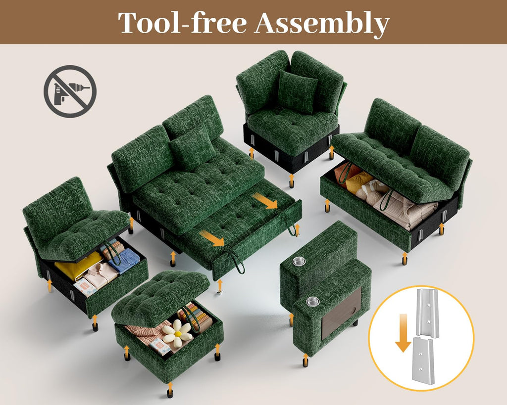 Vipbear 111" Sofa Bed, 7 Seat Modular Sectional Sleeper Sofa with Pull Out Bed, Chenille L Shaped Couch with Storage Ottoman|Cup Holders|Side Table|LED Light|USB Ports, Easy Assembly, Green