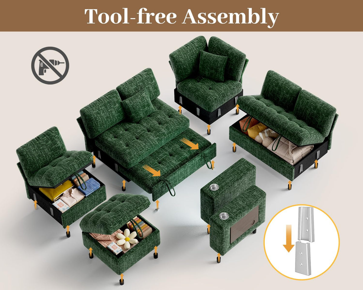 Vipbear 111" Sofa Bed, 7 Seat Modular Sectional Sleeper Sofa with Pull Out Bed, Chenille L Shaped Couch with Storage Ottoman|Cup Holders|Side Table|LED Light|USB Ports, Easy Assembly, Green