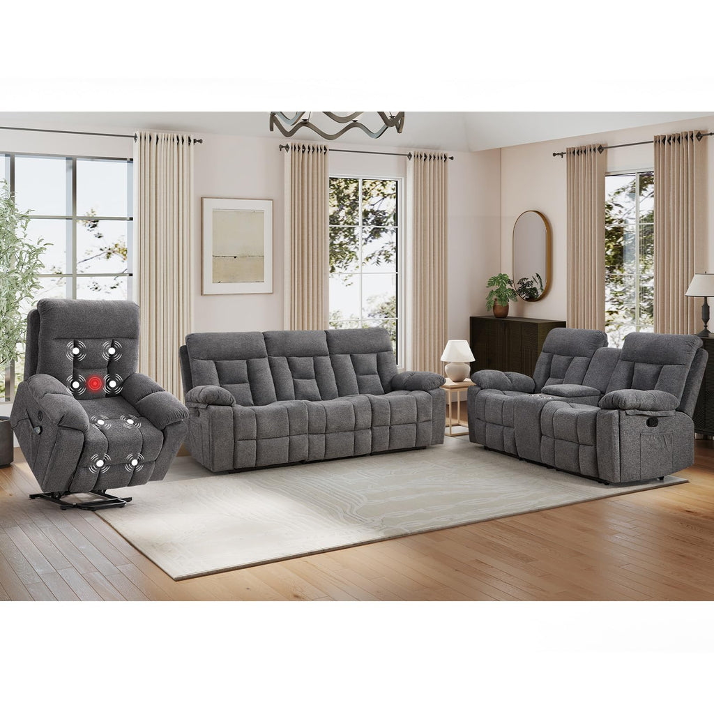 EBELLO 2 Piece Reclining Living Room Set, Soft Fabric Recliner Sofa Furniture Set, Included Power Lift Recliner Chair with Massage and Heat and 3 Seat Sofa, Dark Greenish-Grey