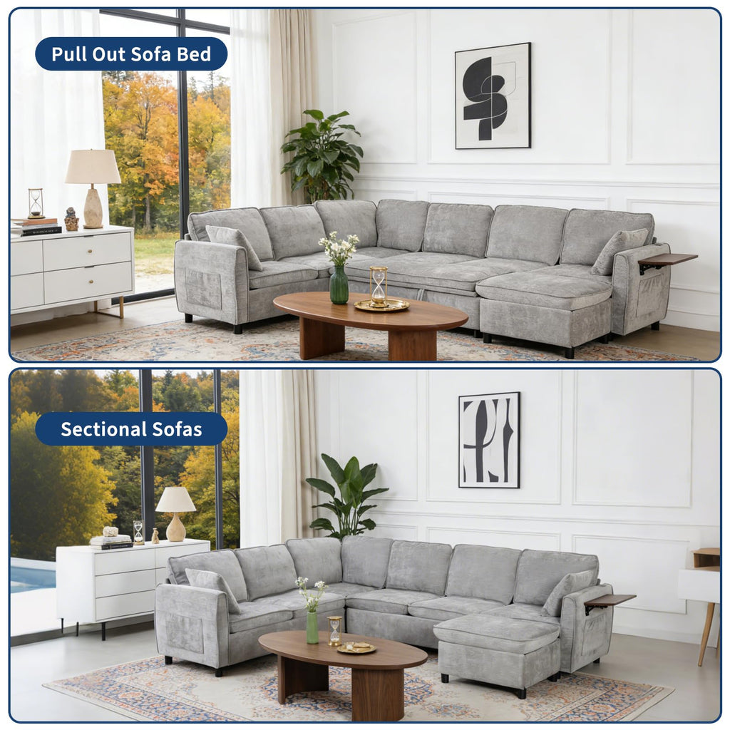116" Modular Sectional Couch, U Shaped 7 Seater Sofa with Pull Out Bed, Chenille Cloud Upholstery, Ottoman, Folding Side Table, USB Charging Stations, Grey