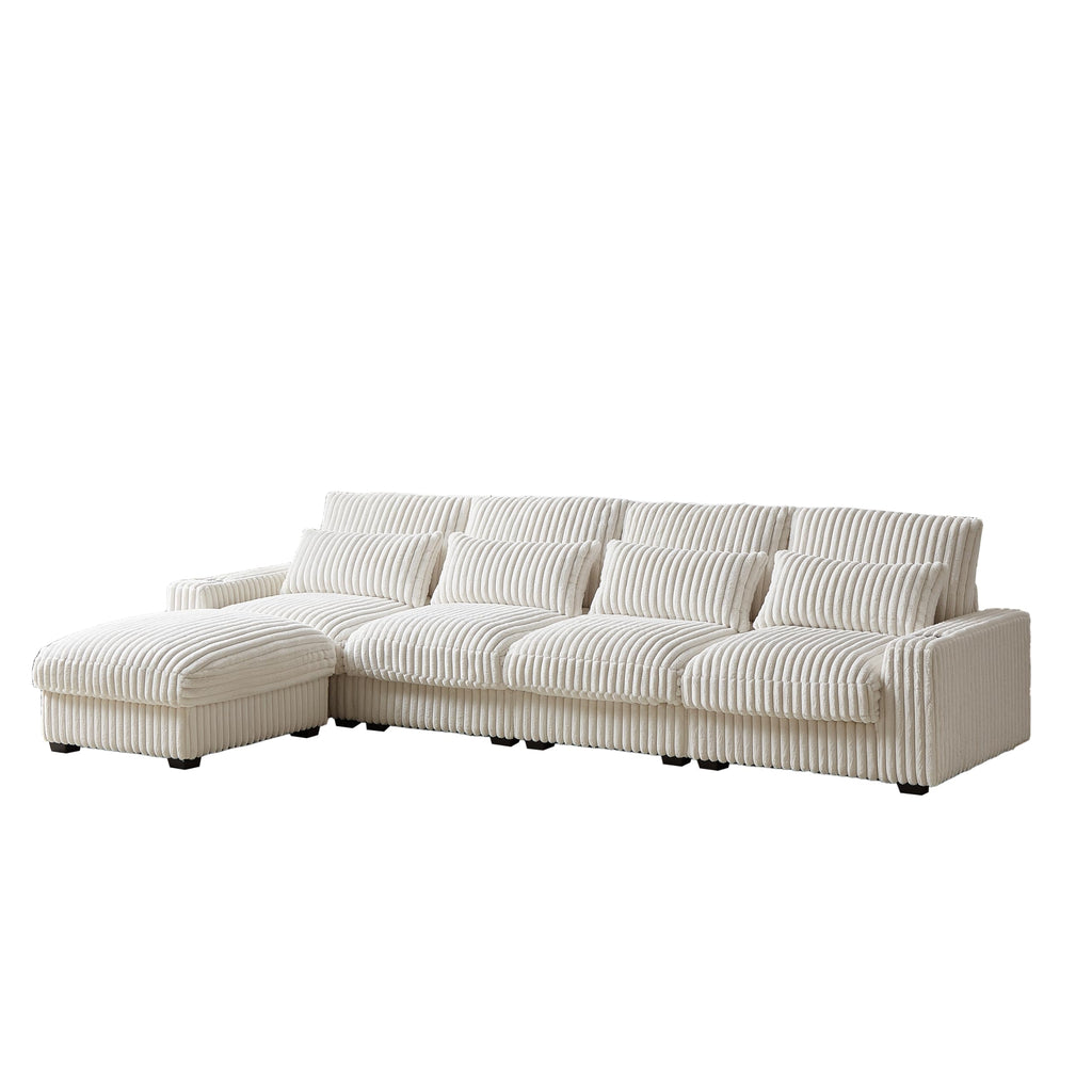 126 inch Corduroy with Cup Holder Super Large L Shaped Sofa, Movable Footrest, Four Waist Pillows and Four Back Cushion, with USB Port and Type C Port
