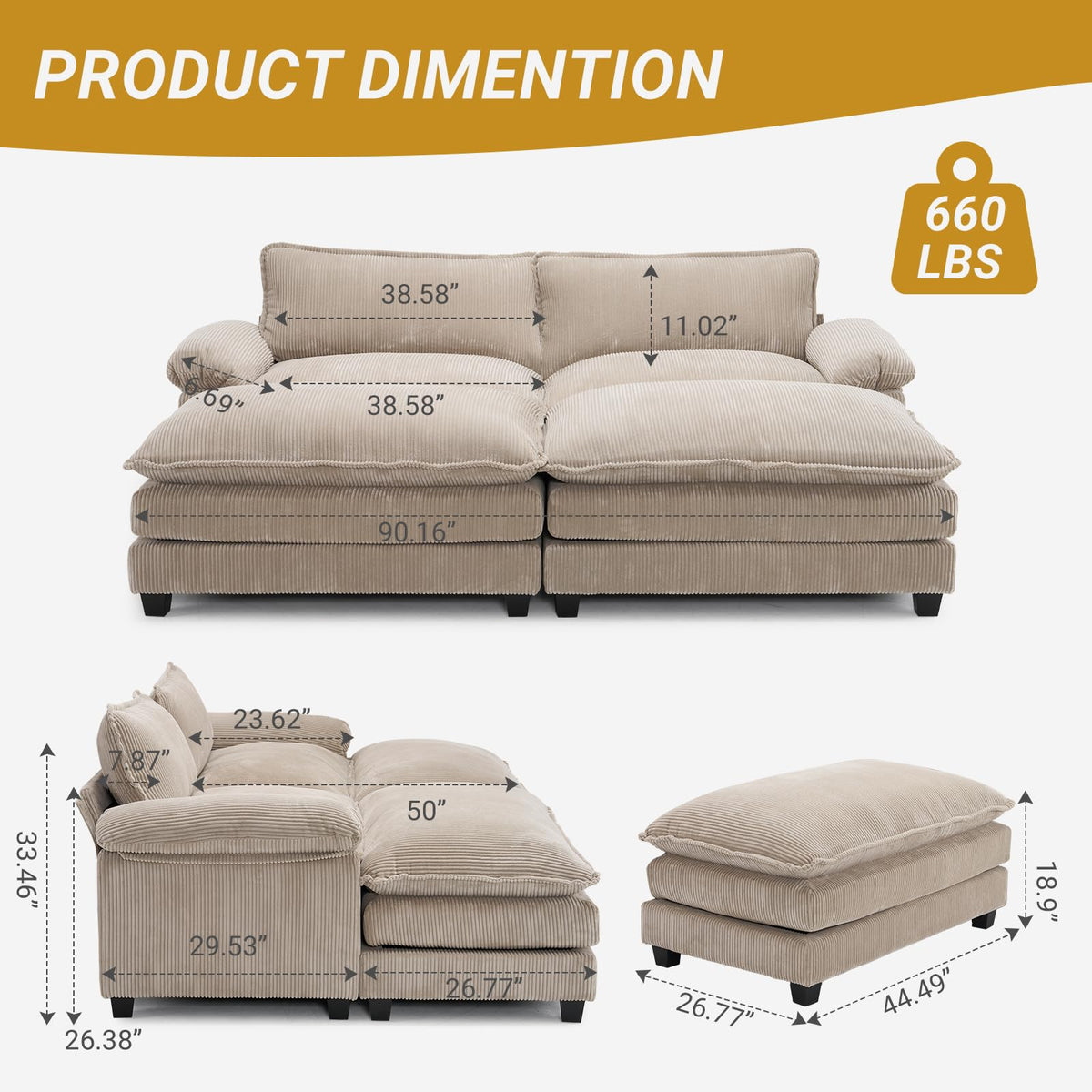VINGLI Convertible Sectional Sofa with 2 Movable 2-Layer Ottoman Set, Comfy Cloud Sofa Bed with Deep Seat & Chaise, 2-Seater Modular Sleeper Couches, Loveseat for Living Room, Corduroy, Khaki