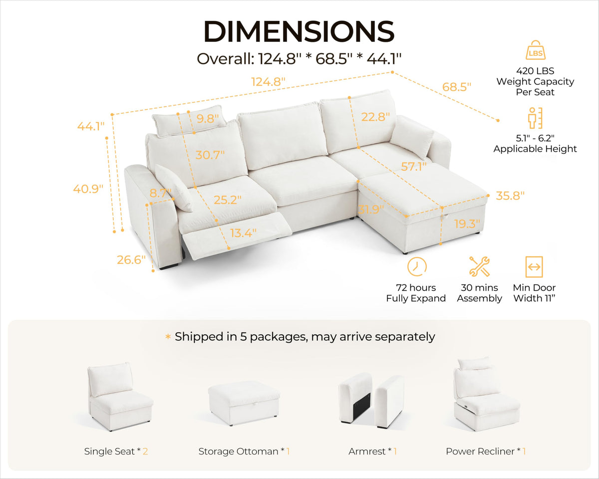 125" Modular Power Reclining Sectional 3 Seater Sofa with Ottoman, Chenille