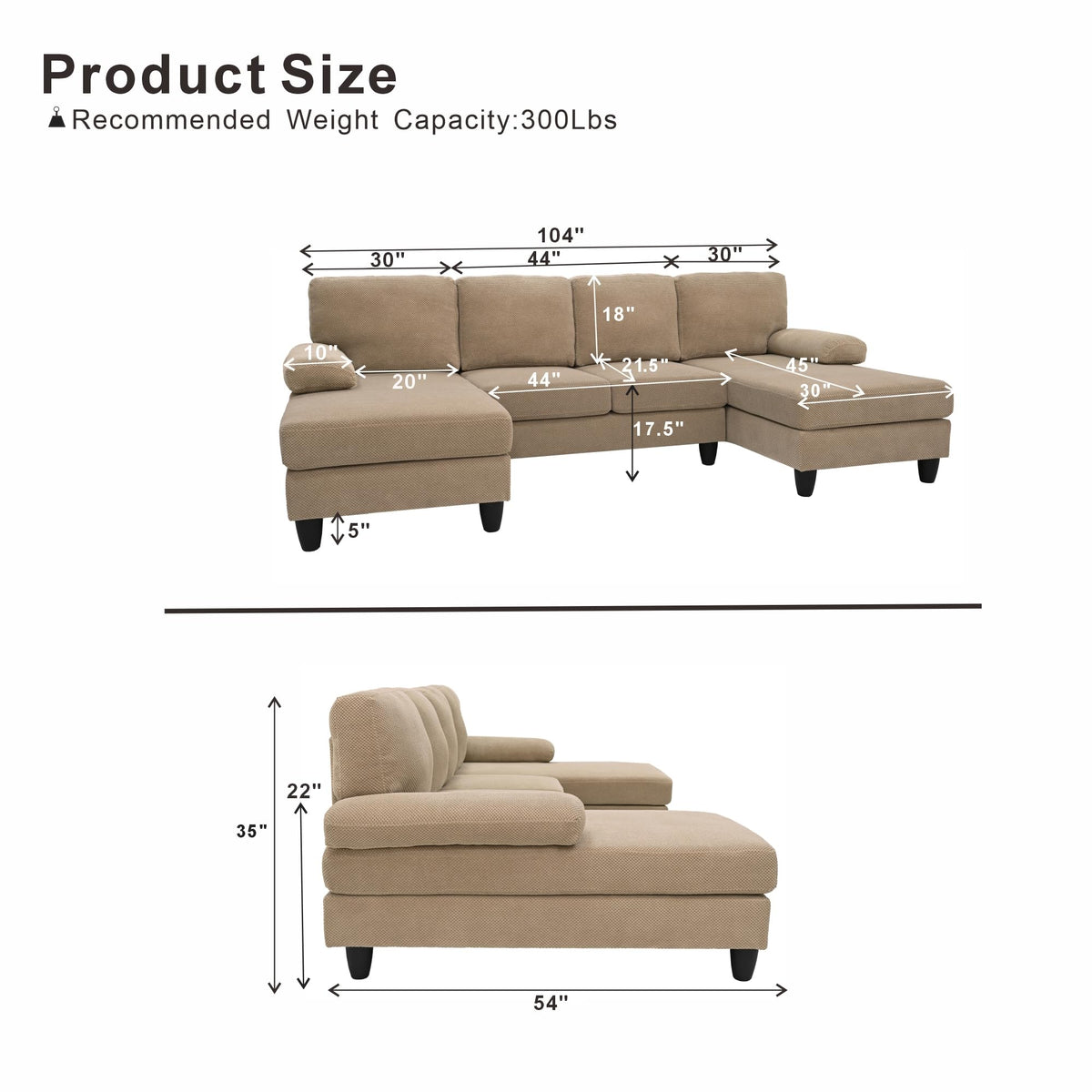 U-Shaped Sofa, Dual Chaise Sectional, 104 Inch, Camel