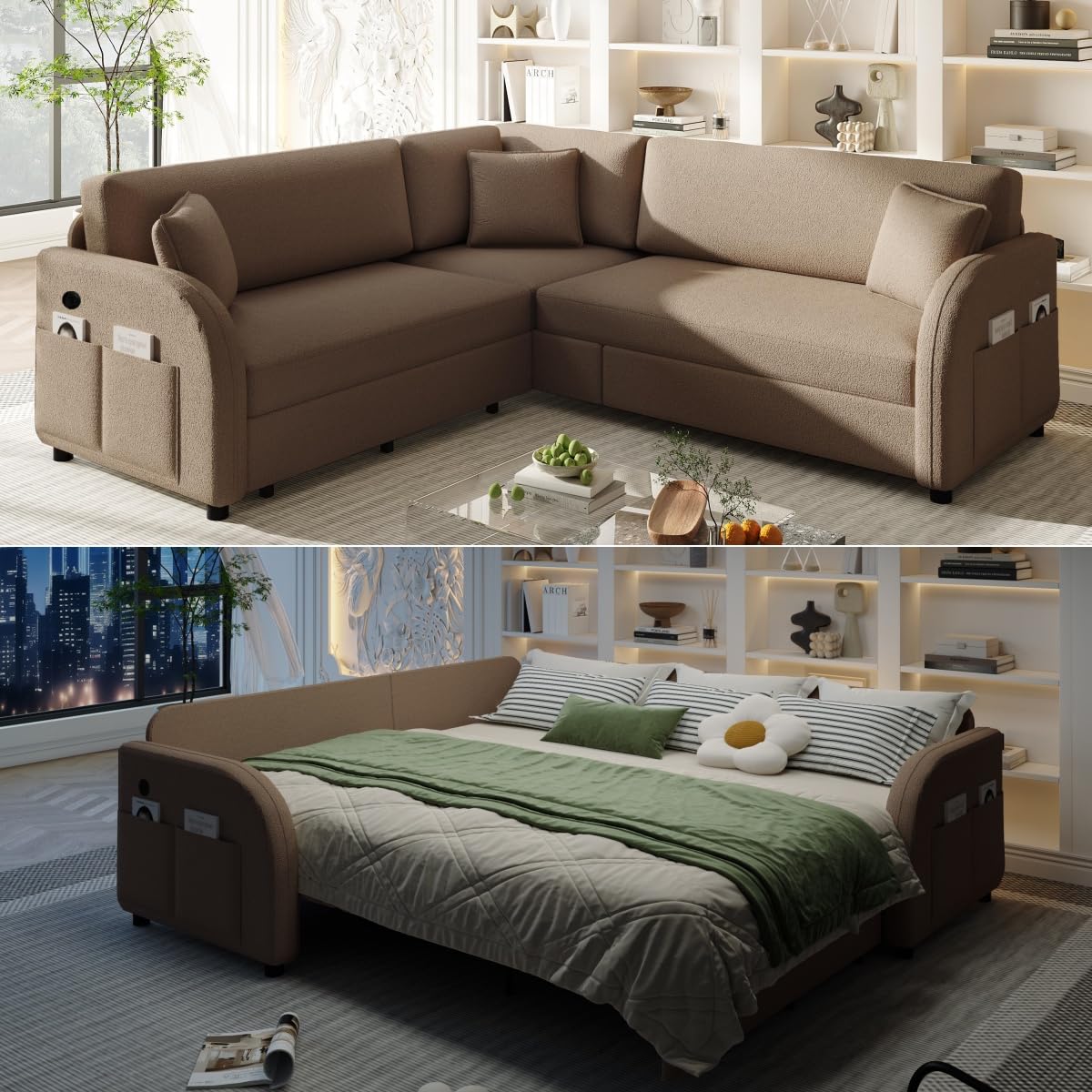 118" L-Shaped Sectional Sleeper Sofa Bed with Pull Out Couch, Dark Grey