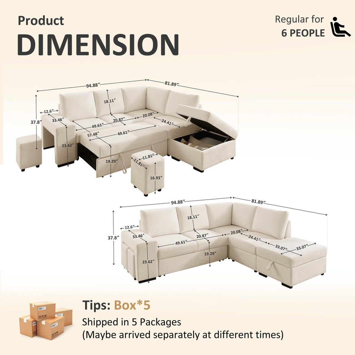 VANOMi 94" Modular Sleeper Sofa with Pull Out Bed, Ottoman, Beige Chenille