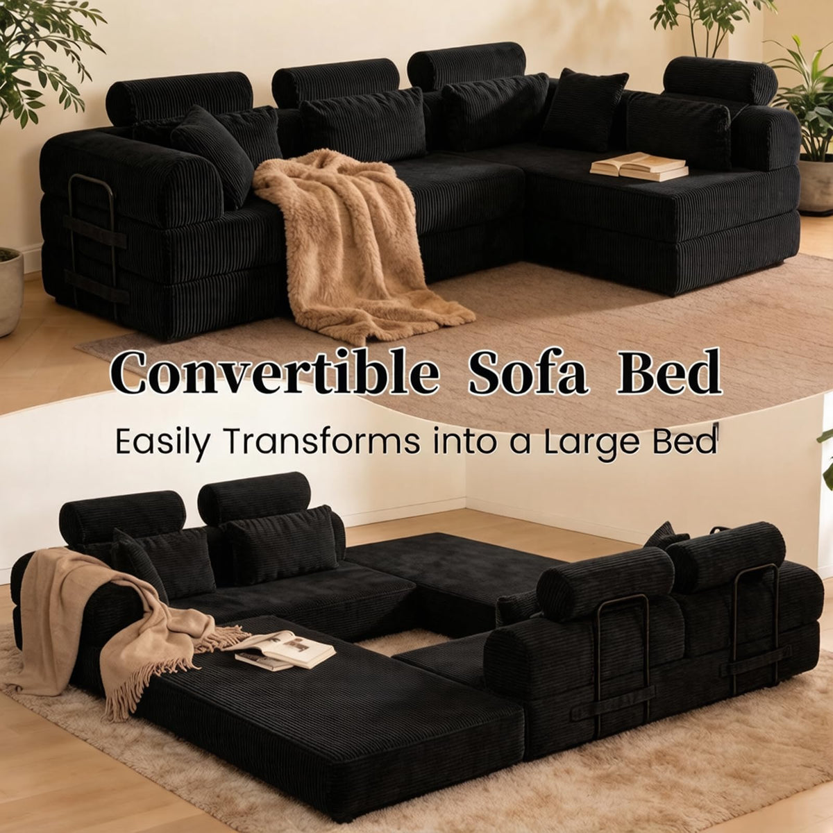 106" Convertible Sleeper Sectional Sofa Bed, 4-in-1 Corduroy Boneless Couch with Fixed-Shape Frame, Modular L-Shaped Sofa with Pillows, Fold Out Floor Sofa for Living Room Apartment (Black)