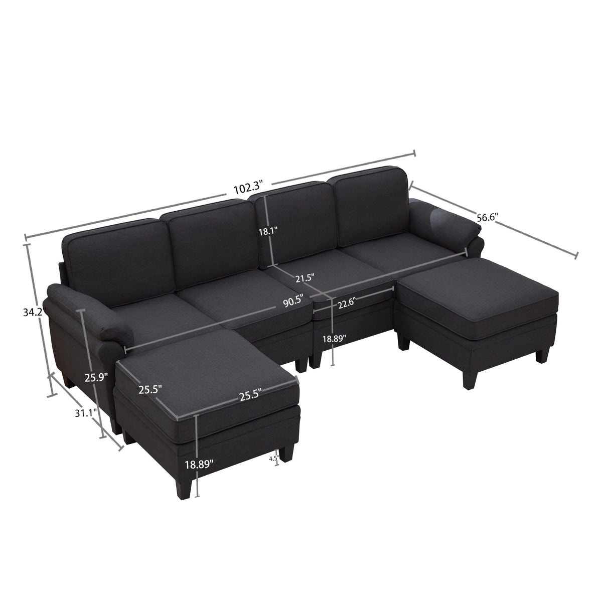 102 Inch Modular L-Shaped Sofa with Storage, Black Linen Fabric Sectional